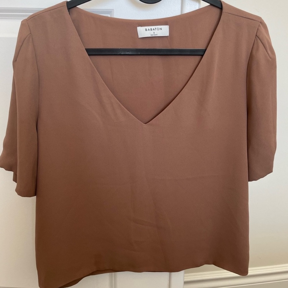 Babaton Women's Tan V-Neck Blouse like new condition